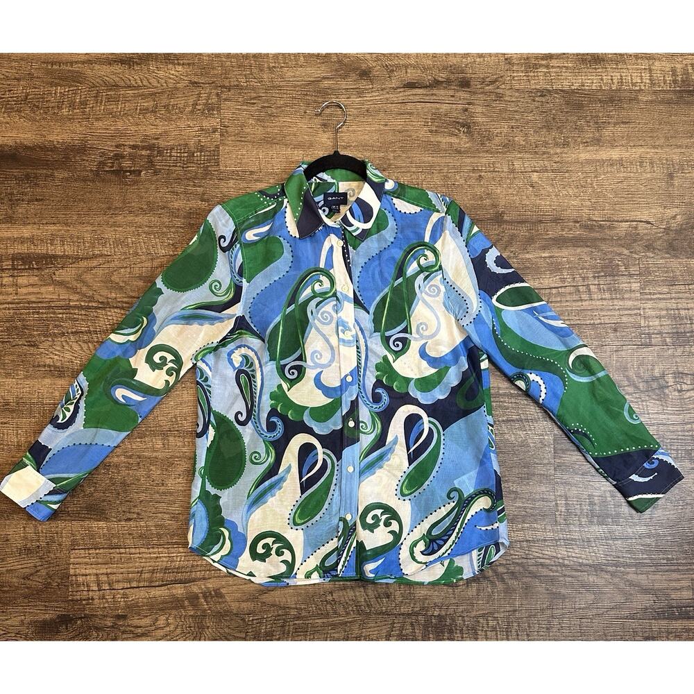 GANT Women Silk Blend Button Shirt Blue Green Paisley Size 40 US 10